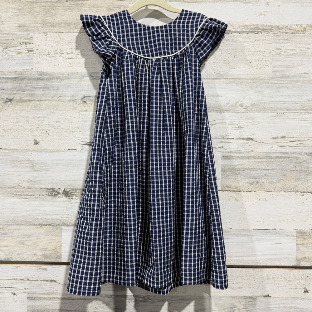 Classic Whimsy Lucy Dress Girls 5 Navy Gingham Ruffle Sleeve Cottagecore EUC
